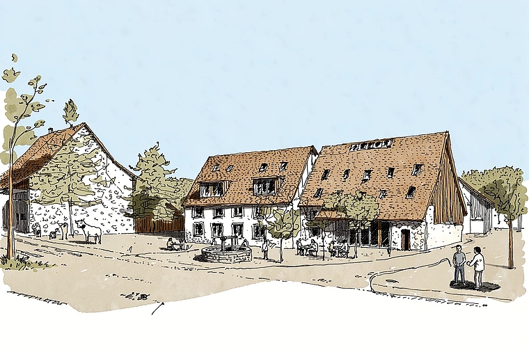 Dorfkern aufwerten: Die IG Dorfplatz-Studerhaus zeigt ihre Vision, wie der Dorfplatz aussehen könne. Ein Projekt ist aber noch nicht vorhanden. Skizze: zVg