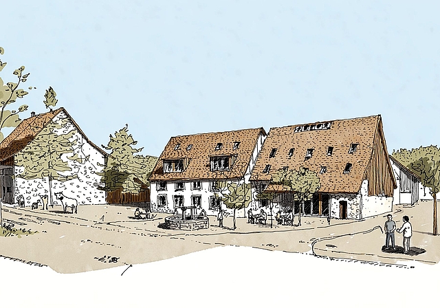Dorfkern aufwerten: Die IG Dorfplatz-Studerhaus zeigt ihre Vision, wie der Dorfplatz aussehen könne. Ein Projekt ist aber noch nicht vorhanden. Skizze: zVg