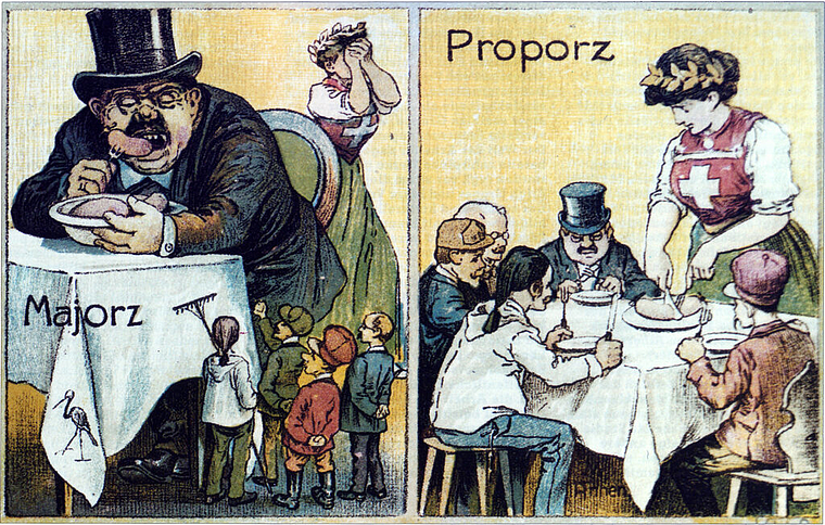 Köpfe statt Parteien: So illustrierte man Proporz und Majorz vor vielen Jahrzehnten. Bild: zvg