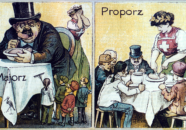 Köpfe statt Parteien: So illustrierte man Proporz und Majorz vor vielen Jahrzehnten. Bild: zvg