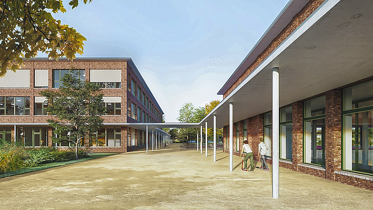 In neuem Glanz: Das in die Jahre gekommene Schulhaus soll durch einen grosszügigen von der Steiner AG entworfenen Neubau mit zwei Gebäuden ersetzt werden.  Visualisierung: WOB-Archiv/ZVG
