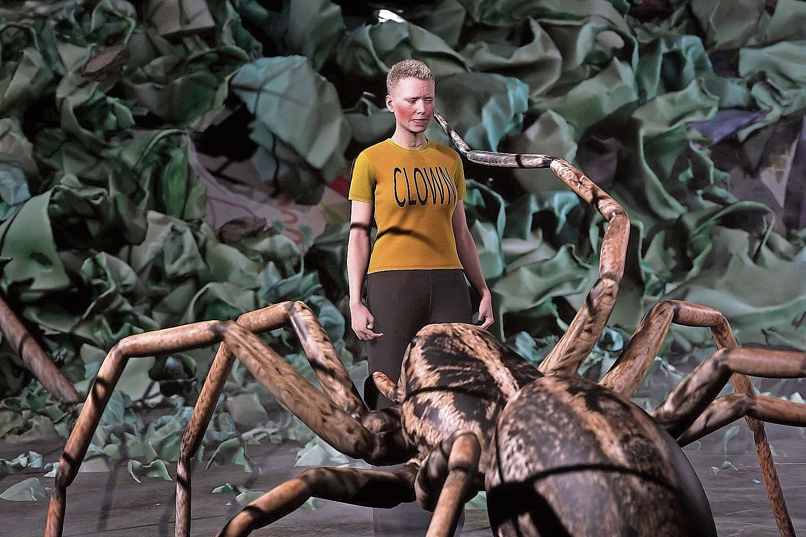 Tierisch: In Rhona Mühlebachs Videobeitrag interagiert ein Clown mit grossen Spinnen.