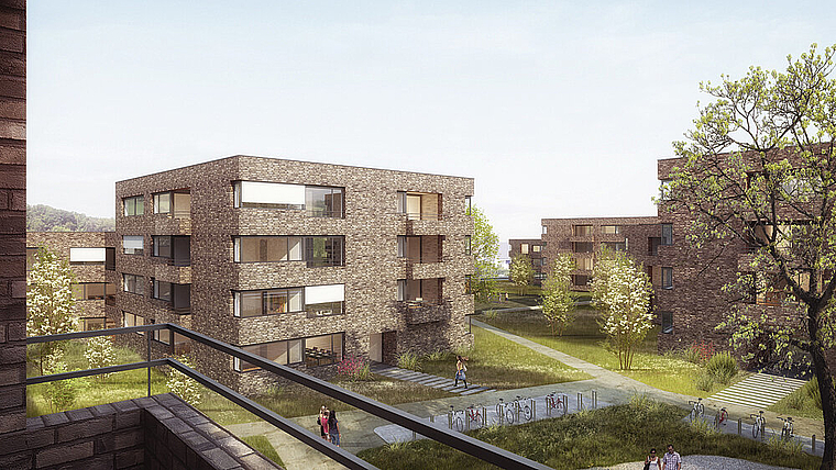 Blick vom Balkon: Die Baukörper der Wohnüberbauung an der Fleischbachstrasse lassen Raum für Grünflächen. Visualisierung: Lyra Architekten, Zürich