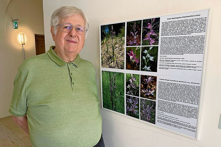 Werner Gertsch vor einer seiner 25 Bildtafeln: Im Gemeindebann von Metzerlen lassen sich 22 verschiedene Orchideenarten finden. Foto: Christian Fink