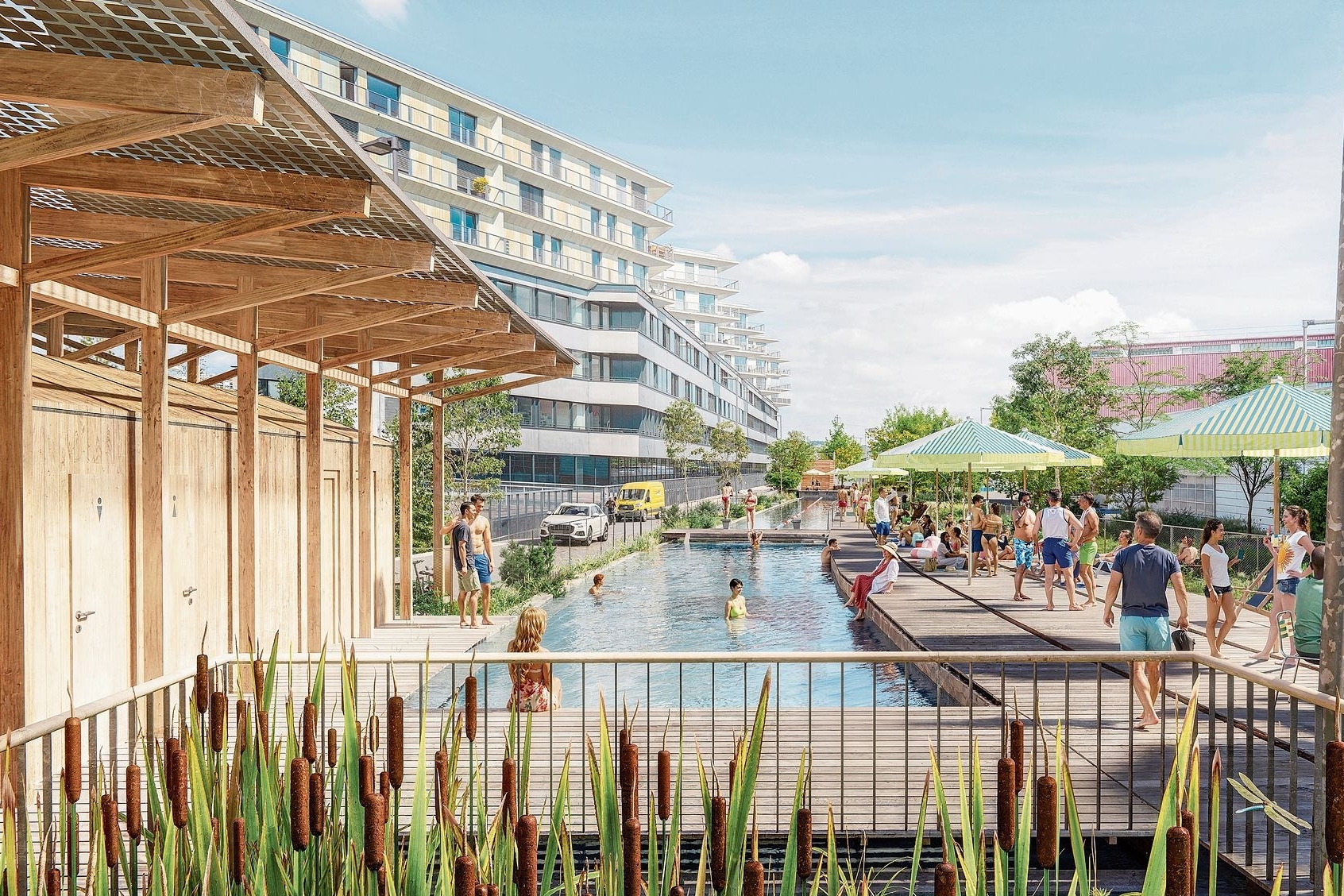 Gleispool: Das längste Naturschwimmbecken der Schweiz ist Teil des Freiraumkonzepts Dreispitz.Visualisierung: xaos collective – michal baurycza / visualisierung