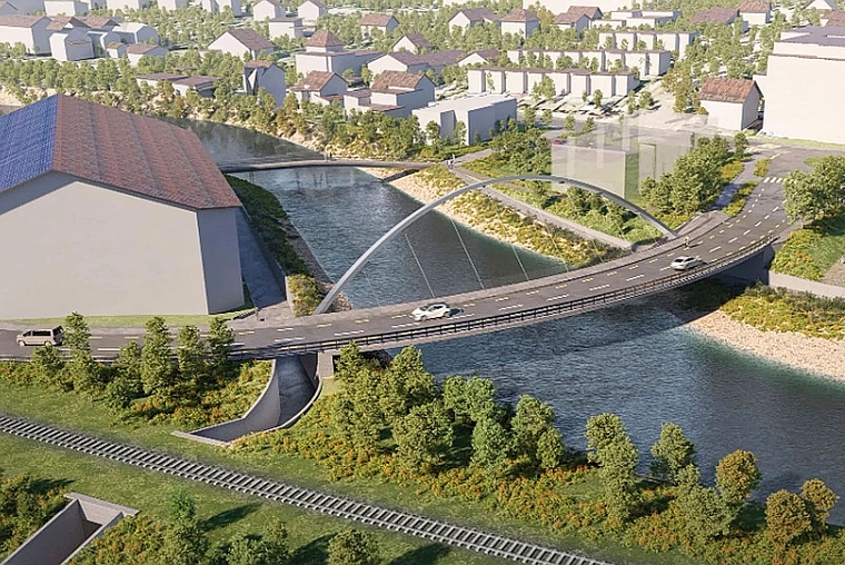 Neuer Standort: Visualisierung der neuen, verschobenen Naubrücke in Laufen. Bild: Nightnurse Images AG
