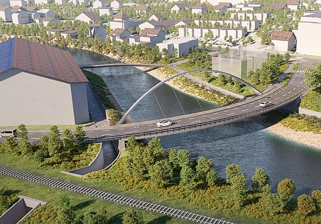 Neuer Standort: Visualisierung der neuen, verschobenen Naubrücke in Laufen. Bild: Nightnurse Images AG