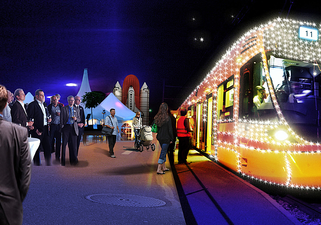 Festlicher Bahnhof: Am kommenden Samstag wird Reinach als erste Gemeinde im Birseck ein Tango-Tram taufen. Foto/Montage: ZVG/BLT