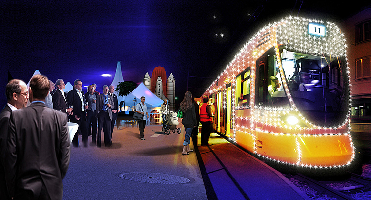 Festlicher Bahnhof: Am kommenden Samstag wird Reinach als erste Gemeinde im Birseck ein Tango-Tram taufen. Foto/Montage: ZVG/BLT