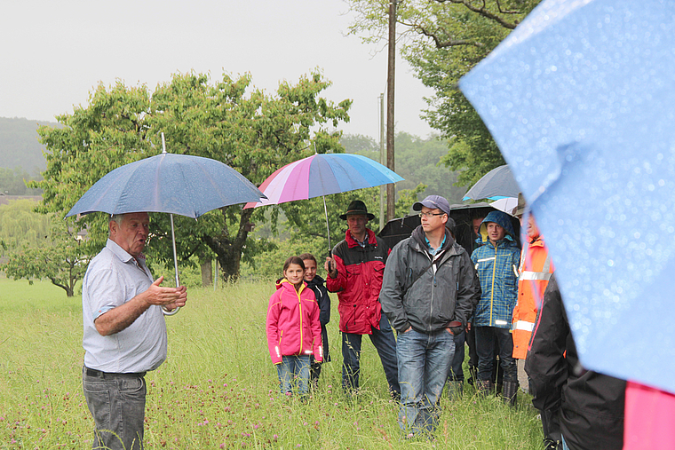 Im Hochstammgarten : Ueli Balzli (l.) erläuterte das einmalige Projekt «Obstbaulandschaft Schönmatt-Stollenhäusern». Foto: Benildis Bentolila