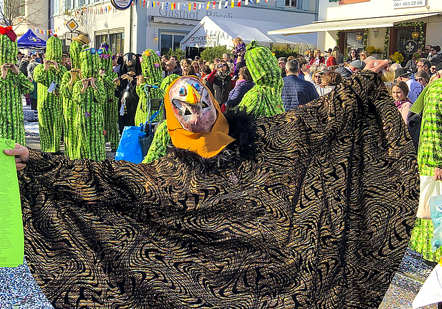 Kakteen im Anmarsch: Die Reinacher Clique Die Zämmegwirflete widmete sich unter dem Motto «S wird wüescht-i» dem Thema Klimawandel. Auf dem Rücken trugen die Fasnächtler erhitzte Thermometer.  Fotos: Caspar Reimer
