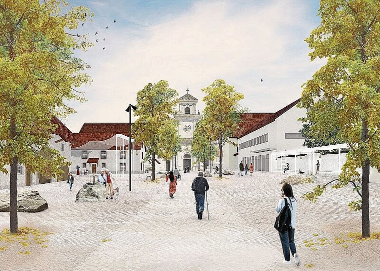 Ort der Begegnung: Die Wettbewerbs-Jury empfiehlt dem Kloster Mariastein, bei der Neugestaltung des Klosterplatzes auf das Projekt von Katharina Ehrenklau, Julia Hemmerling und Ludivine Gragy zu setzen. Dieses basiert auf dem Gedanken: «Wir gehen in