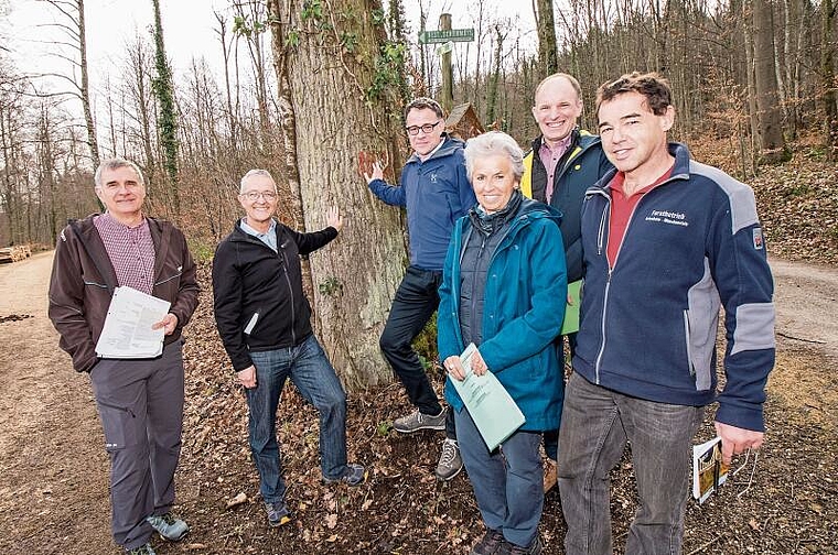 Integrales Waldmanagement: (v. l.) Ueli Meyer, Kantonsforstingenieur, Regierungsrat Thomas Weber, Regierungsrat Kaspar Sutter, Gemeindepräsidentin Jeanne Locher-Polier, Christian Banga, Bürgerratspräsident, und Revierförster Fredi Hü