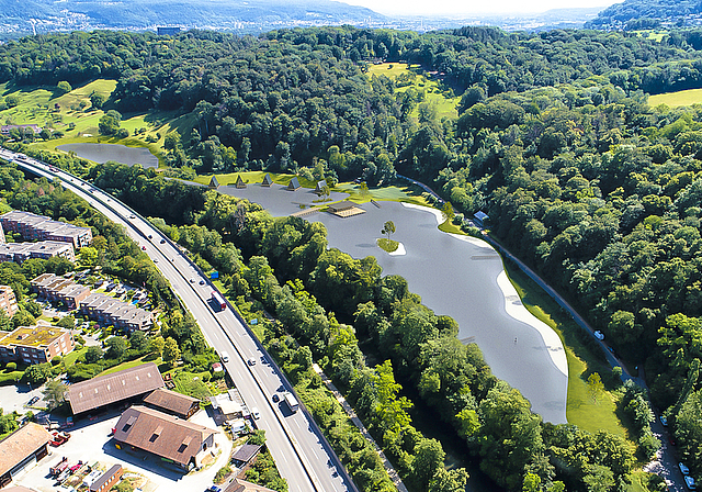 Badestrand und Pfahlbauhäuschen: Das Gebiet neben der Münchensteiner Hofmatt soll nicht nur zum Baden einladen, sondern auch als Feriendomizil dienen. Foto: Architektur Stalder AG & Lichtbox
