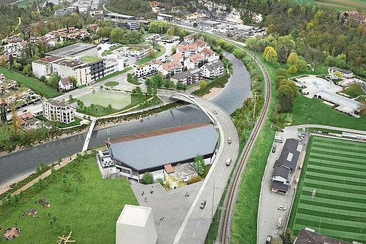 Aus der Vogelperspektive: Die neue Naubrücke soll hinter der Eishalle zu liegen kommen. Bild: ZVG/Kt. Basel-Landschaft