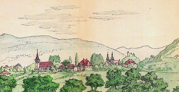 Kirche am Dorfrand: Kolorierte Federzeichnung von La Roche und Stähelin, 1911. ZVG/Kunstführer, S. 9