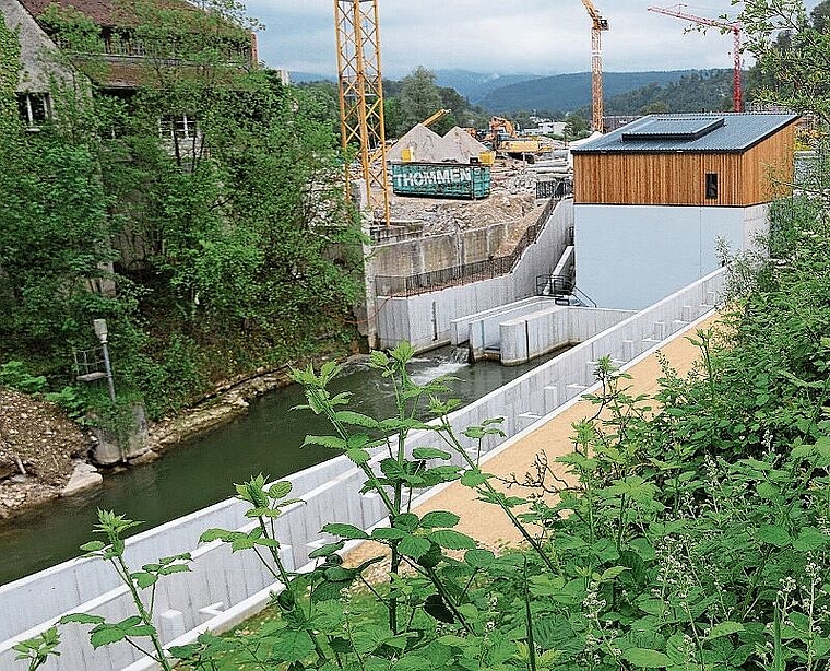 Fischtreppe mit Kraftwerk: Der Kanal mit der Fischtreppe beginnt oben rechts und macht links eine Spitzkehre. Er endet in der Mitte des Bildes, wo das Wasser schäumt, mit einer letzten Stufe.Foto: Gini Minonzio