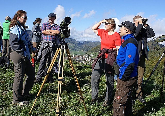 Jedes Vögelchen wird registriert: Naturfreunde halten Ausschau auf dem Gupf. Foto: Jürg Jeanloz