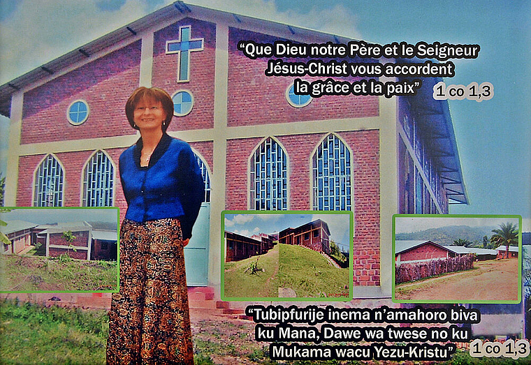 So dankt Burundi: Fotocollage für Imelda Ackermann mit den gestifteten Bauten: Bruder- Klaus-Kirche, Wohnheim (unten links), Schulen (rechts). Daneben zweisprachig die Segens-