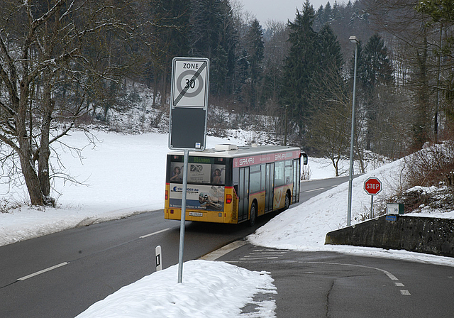 Bald seltener? Postauto auf der Fahrt zwischen Blauen und Nenzlinger Rank.  Foto: Bea Asper