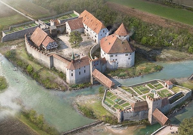 Alte Schlossansicht: Der Schlossverein Zwingen möchte die Bedeutung des Wasserschlosses durch eine Stiftung noch stärker hervorheben.  Foto: Archäeologie Baselland/Joe Rohrer im Auftrag von Schlossverein Zwingen