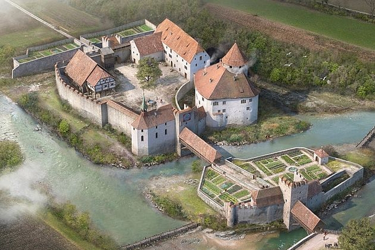 Alte Schlossansicht: Der Schlossverein Zwingen möchte die Bedeutung des Wasserschlosses durch eine Stiftung noch stärker hervorheben. Foto: Archäeologie Baselland/Joe Rohrer im Auftrag von Schlossverein Zwingen