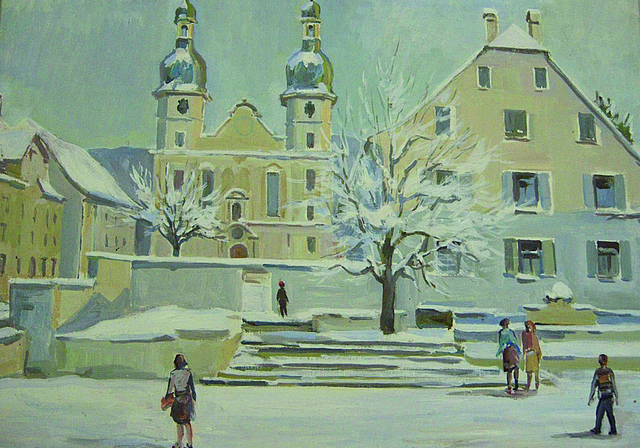 «Unsere Sammlung»: Die Trottekommission zeigt rund 80 Werke aus den Kunstbeständen der Einwohnergemeinde Arlesheim, darunter auch Alois Krons «Blick auf den Dom vom Domplatzschulhaus her», erworben im Jahr 1969.  Foto: ZVG