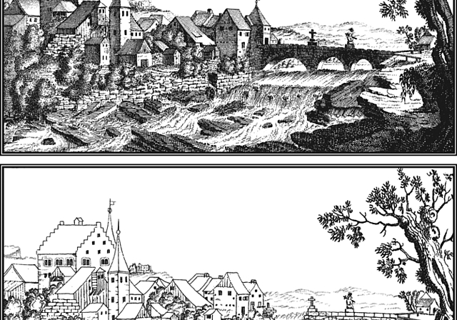Vorher – nachher: Diese beiden Stiche zeigen die Nepomuk-Brücke vor und nach dem Brückeneinsturz vom 13. Juli 1813.  ZVG