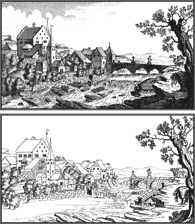 Vorher – nachher: Diese beiden Stiche zeigen die Nepomuk-Brücke vor und nach dem Brückeneinsturz vom 13. Juli 1813. ZVG