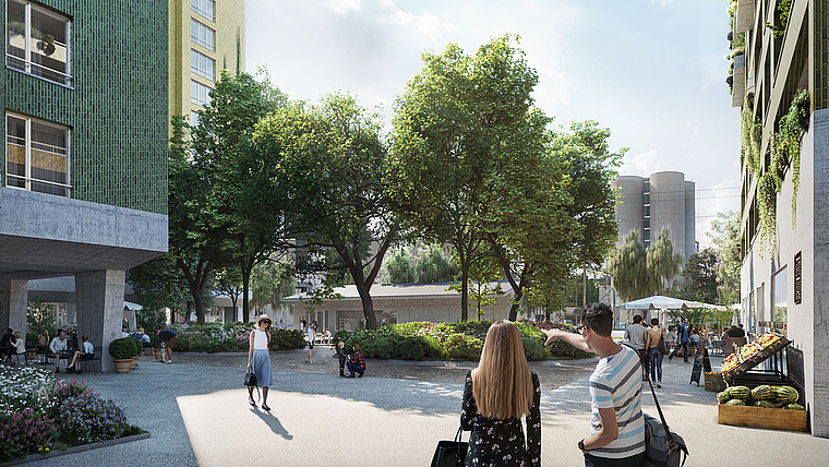 Soziales Zentrum: Ein Quartierplatz, der auf dem Areal van Baerle entstehen soll. Visualisierung: zVg