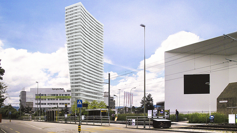 So könnte das höchste Gebäude des Kantons Baselland aussehen: Am Rande des Spenglerparks plant die Anlagestiftung der Credit Suisse, einen Bau von 100 Metern Höhe zu errichten.  Visualisierung: ZVG