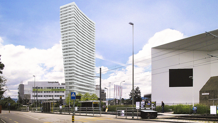 So könnte das höchste Gebäude des Kantons Baselland aussehen: Am Rande des Spenglerparks plant die Anlagestiftung der Credit Suisse, einen Bau von 100 Metern Höhe zu errichten. Visualisierung: ZVG