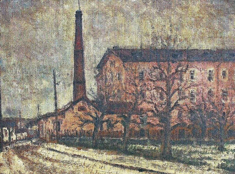 Lager für Flüchtlinge: Die «Rote Fabrik» in Büsserach, Ölgemälde, 1942, gemalt von Arno Stern. Foto: Niklaus Starck