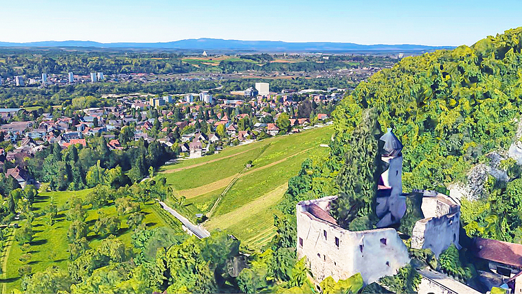 Unscheinbar im Hintergrund: Eine Visualisierung zeigt, wie das weisse Hochhaus, vom Schloss Birseck aus gesehen, wirken würde. Visualisierung: ZVG