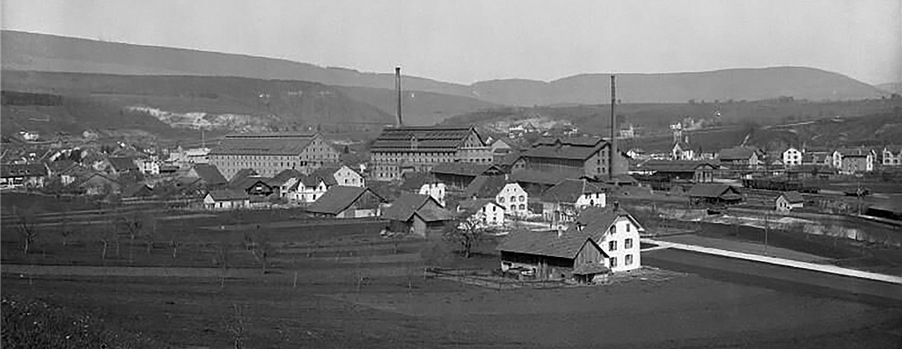 <em>Blick nach Nordost 1920: </em>Blick von Bruggstel aus: Im Vordergrund hat sich Laufen mit Einfamilienhäuser Richtung Süden ausgedehnt. Dominant sind die Gebäulichkeiten der Keramikfabrik.<em>Foto: ZVG/August Meyer</em>