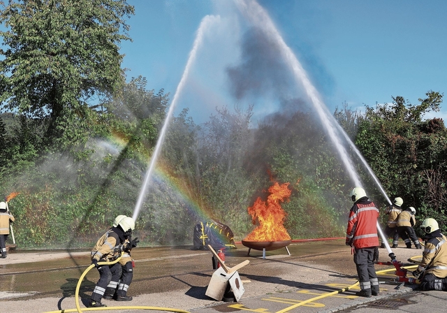 Wasser marsch: Bei der Hauptübung am Blaulichttag in Arlesheim wurde gezeigt,wie die Feuerwehr bei einem Flüssigkeitsbrand vorgeht.Fotos: Florin Bürgler