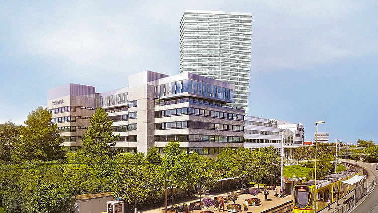 Skyline: Mit seinen 100 Metern soll das Haus so hoch wie der Basler Messeturm werden und damit städtebaulich einen Akzent setzen. Foto: ZVG