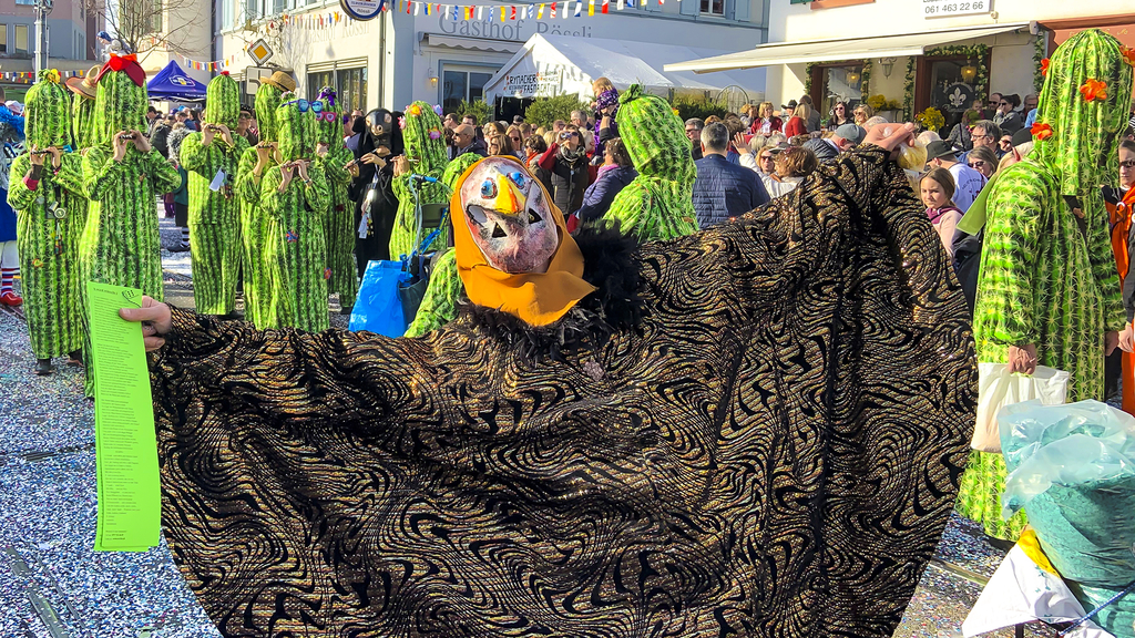 Kakteen im Anmarsch: Die Reinacher Clique Die Zämmegwirflete widmete sich unter dem Motto «S wird wüescht-i» dem Thema Klimawandel. Auf dem Rücken trugen die Fasnächtler erhitzte Thermometer.  Fotos: Caspar Reimer
