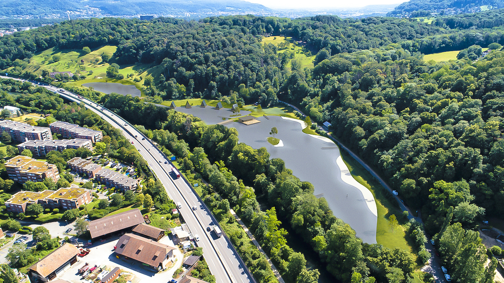 Badestrand und Pfahlbauhäuschen: Das Gebiet neben der Münchensteiner Hofmatt soll nicht nur zum Baden einladen, sondern auch als Feriendomizil dienen. Foto: Architektur Stalder AG & Lichtbox
