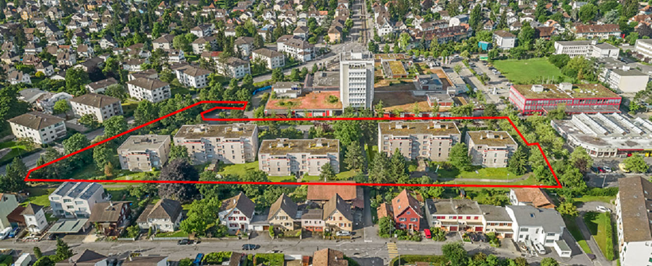 Direkt bei der Gartenstadt: die fünf Blöcke mit 56 Wohnungen und 60 Autoeinstellhallenplätzen.  Fotos: ZVG 