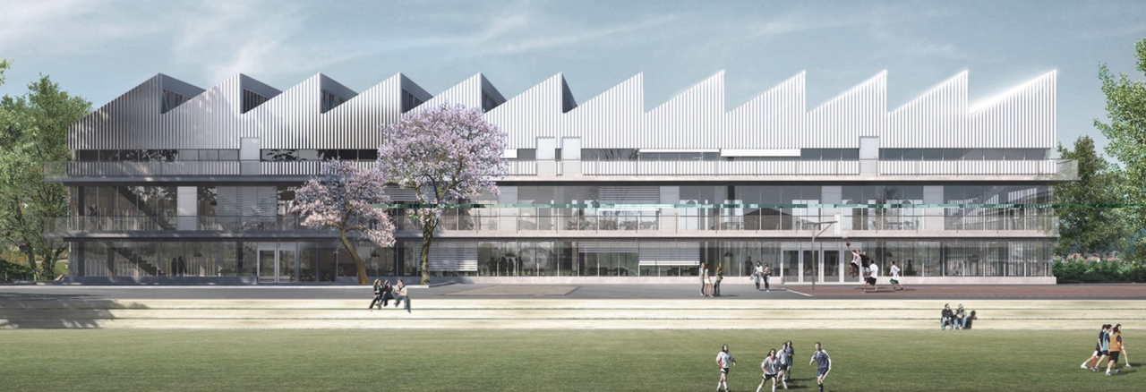 Das Siegerprojekt «Atelier Himmelslicht»: Der geplante Neubau erinnert etwas an einen Industriebau. Dank der speziellen Dachkonstruktion soll viel Licht von oben die Schulräume beleuchten. Visualisierung: Thomas Fischer Architekt AG